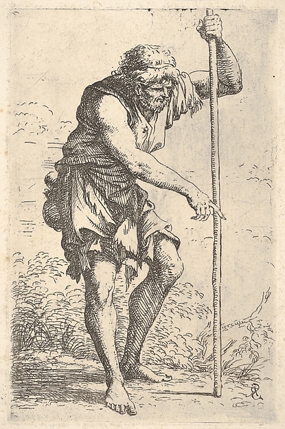 An old, ragged man with a gourd on his hip walking with a staff, from the series 'Figurine'