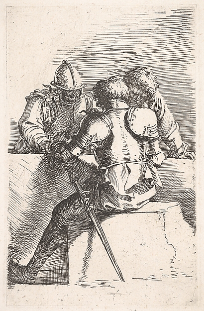 Three warriors conversing at a low wall, one with his back turned, from the series 'Figurine'