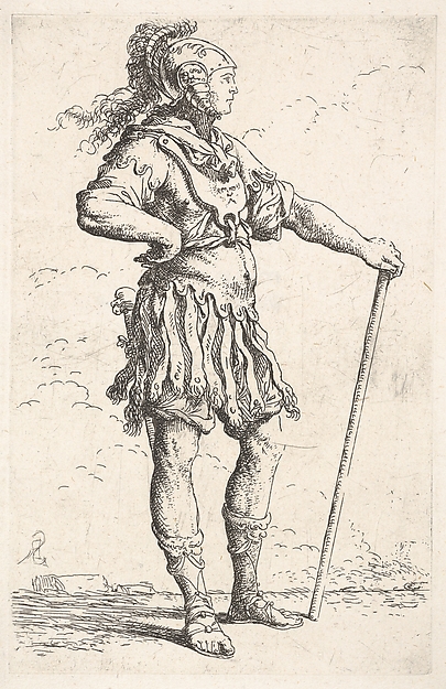 A warrior facing right wearing a plumed helmet and holding a staff, from "Figurine"