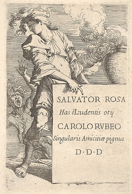 A man wearing a plumed hat pointing at an inscribed block while looking over his right shoulder at a screaming man, frontispiece for "Figurine"