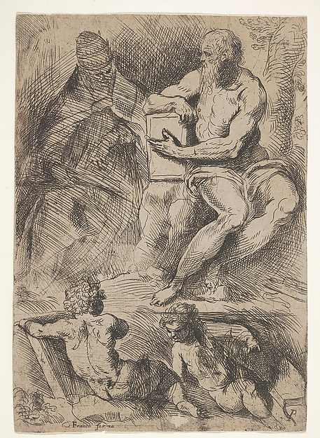 Sheet of studies with St. Jerome, seated at right and resting his right forearm on a book, at left an ecclesiastical figure wearing a cope and miter, and at bottom two putti by Jacopo Palma the Younger