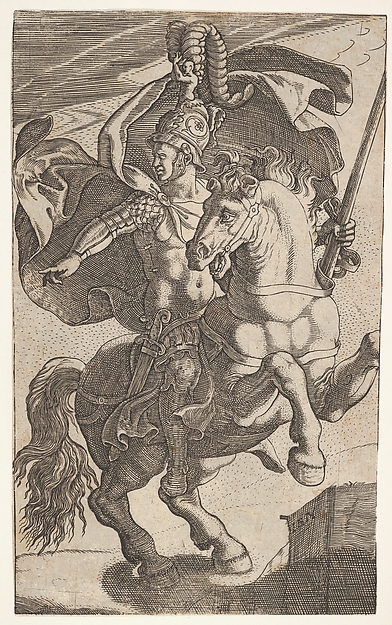 Soldier riding a rearing horse and wearing feathered helmet, cuirass, pteruges, and greaves, the soldier looks and points to his right