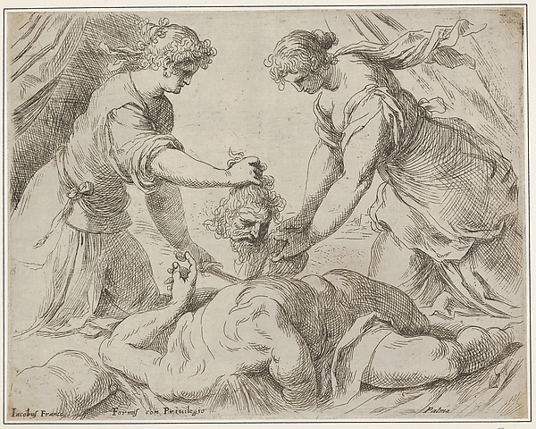 Judith placing the head of Holofernes onto a cloth held by another female figure, the foreshortened body of Holofernes gushes with blood from the neck