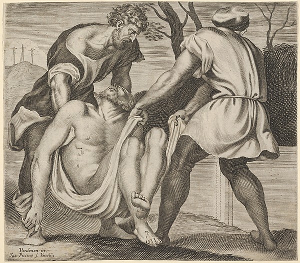 Entombment of Christ, two men lifting Christ into a tomb, with a shroud underneath the body, three crosses on Golgotha beyond by Giacomo Piccini