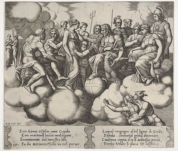Plate 30: Cupid and Psyche plead their cases before the Gods, from the 'Fable of Cupd and Psyche'