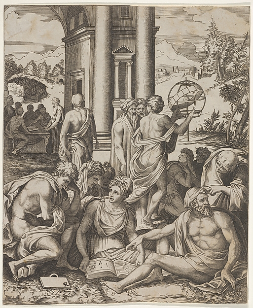 Assembly of male and female scholars gathered around an open book, in the middle ground a man holds aloft an armillary sphere, another group of scholars in the background