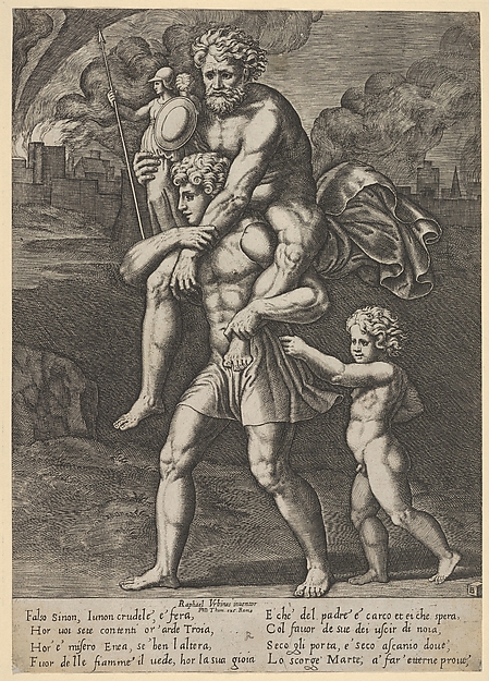 Aeneas carrying Anchises on his shoulders while Troy burns in the background