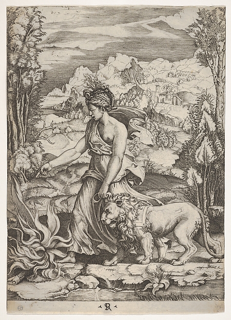 Fortitude in profile view walking toward a fire at left and leading a harnessed lion, a landscape in the background
