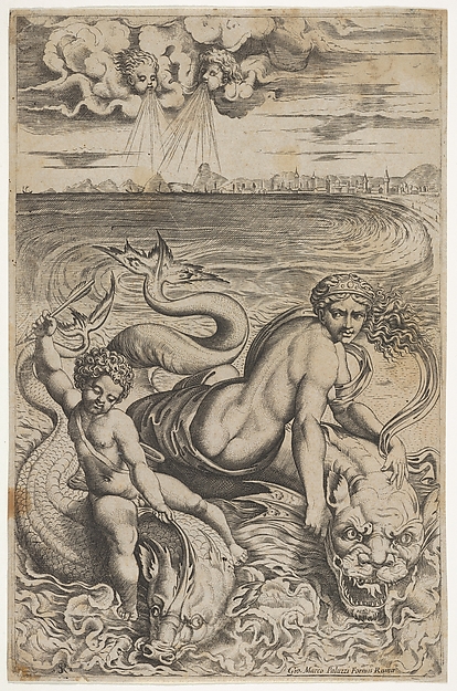 Venus and Cupid riding two sea monsters, Cupid raises an arrow in his right hand, two heads representing wind in the clouds above