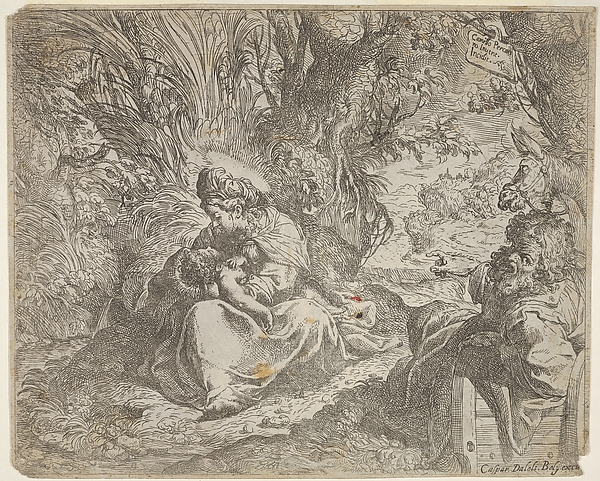 Rest on the flight into Egypt, the Virgin seated on grass in a grove with the Christ Child in her lap, at right Joseph reclines and points toward them, a donkey beyond Joseph by Camillo Procaccini