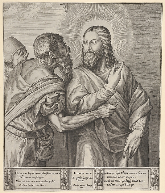 The Tribute Money: two Pharisees, one holding out a coin in his right hand, approach Christ from the left by Martino Rota