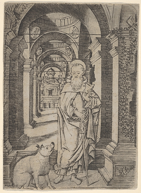 Saint  Antony Abbot standing within a colonnade