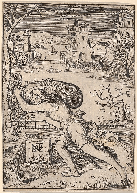 A man carrying  sack striding to the left
