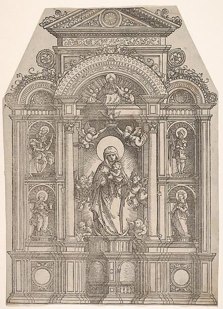 Altarpiece with the Beautiful Virgin of Regensburg and Saints Christopher, Mary Magdalen, Florian and Catherine Standing in Niches, with God the Father Above by Albrecht Altdorfer