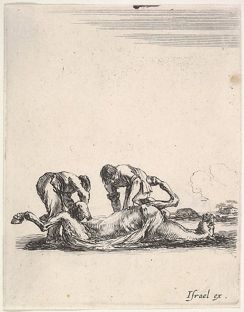 Two men skinning a horse that is lying on the ground with its hooves in the air, from 'Various cavalry exercises' (Diverses exercices de cavalerie)