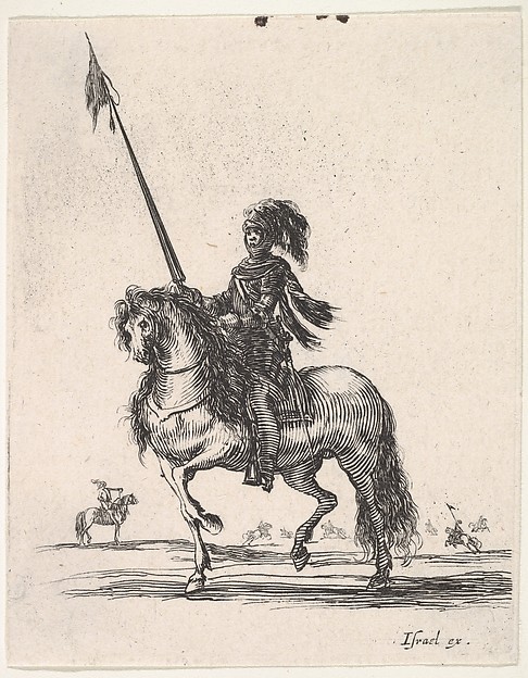 Mounted cuirassier holding a lance upright and riding towards left, other horsemen in the background, from 'Various cavalry exercises' (Diverses exercices de cavalerie)