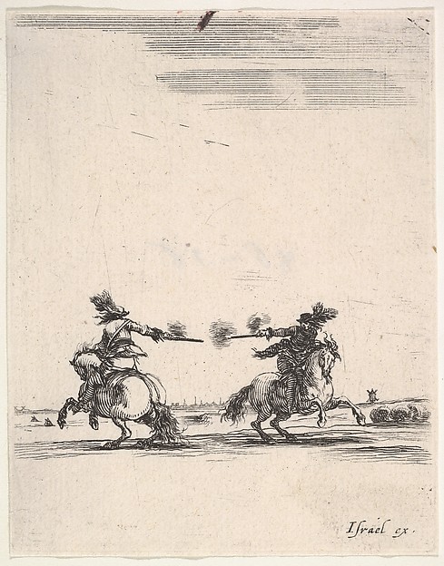 Two horsemen dueling with pistols, one seen from behind riding towards the left, one riding towards right, from 'Various cavalry exercises' (Diverses exercices de cavalerie)