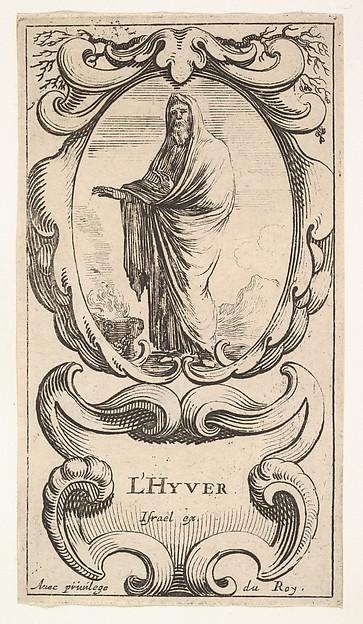 Winter, an old man wrapped in a cloak, warming his hands over a fire on the ground to left, within a cartouche decorated with bare tree limbs, from 'The four Seasons' (Les quatre Saisons)