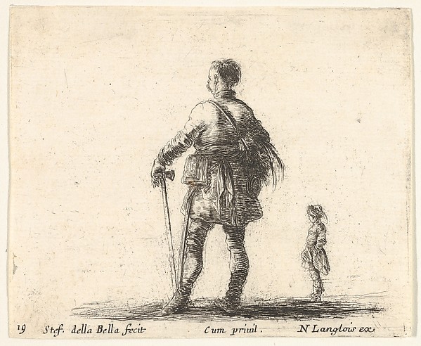 Plate 19: a Polish nobleman in court dress, standing in center, seen from behind, another nobleman to right in background, from 'Diversi capricci'