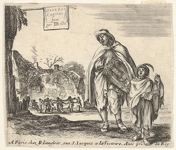 Plate 1: a man sings and plays the hurdy gurdy, accompanied by a boy playing the triangle to right, a group of peasants dancing in a ring to left in background, title page for 'Diversi capricci'