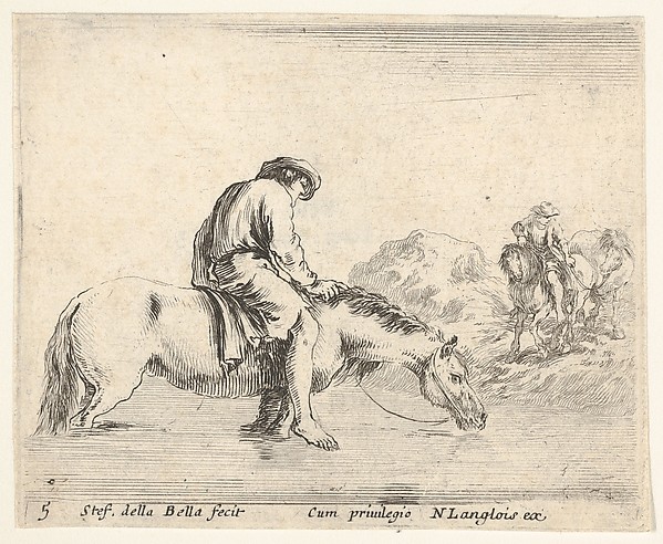 Plate 5: a barefoot peasant on horseback crossing a river, another peasant on horseback and leading a horse on a bank to right in the background, from 'Diversi capricci'