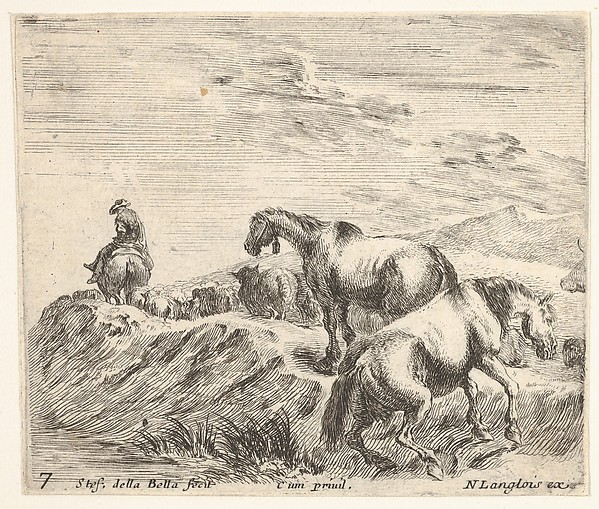 Plate 7: two horses ascending the bank of a river at right, following a procession of horses and one horseman to the left, from 'Diversi capricci'