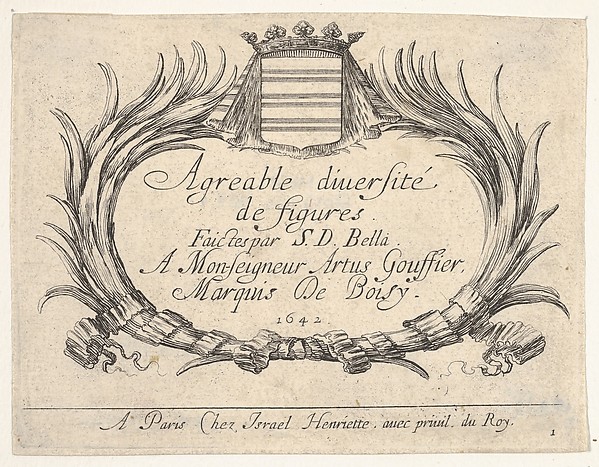 Plate 1: Two palms and a coat of arms frame the title and dedication, title page for 'Various Figures' (Agréable diversité de figures)