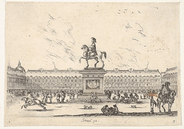 Plate 3: La Place Royale, equestrian statue of Louis XIII in profile facing the left in center, various horsemen and figures in background, from 'Various Figures' (Agréable diversité de figures)