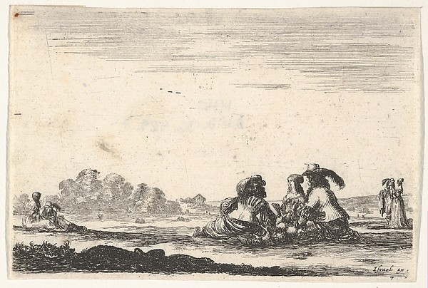 Plate 7: Two noblemen seated in center, seen from behind, conversing with a noblewoman seated between them, a noblewoman and man seated to left in background and standing to right in background, from 'Various Figures' (Agréable diversité de figures)