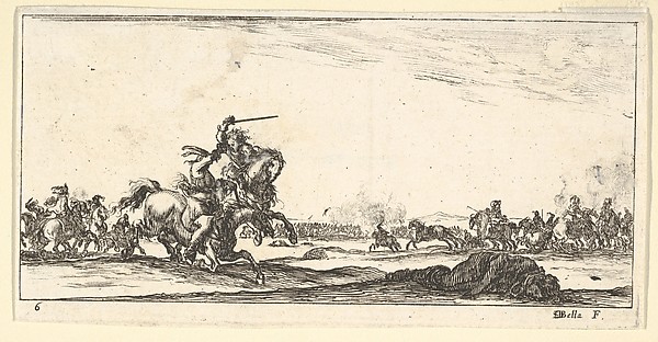 Plate 6: a skirmish between two horsemen to left, a dead man on the ground to the right, combat in the background, from 'Troops, cannons, and attacks on towns' (Dessins de quelques conduites de troupes, canons, et ataques de villes)