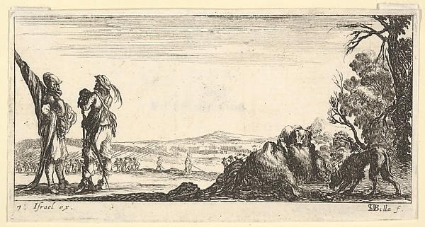 Plate 7: two soldiers standing to left, a wolf devouring a dead horse to right with another wolf entering from right, from  'Troops, cannons, and attacks on towns' (Dessins de quelques conduites de troupes, canons, et ataques de villes)