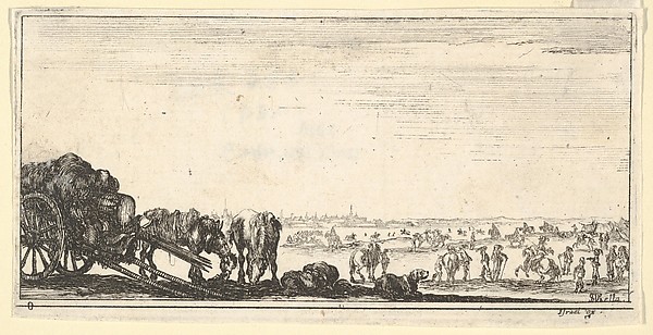 Plate 8: a chariot and two horses to left, a dog in center, various horses and soldiers in the background, from 'Troops, cannons, and attacks on towns' (Dessins de quelques conduites de troupes, canons, et ataques de villes)