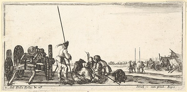 Plate 9: a chariot carrying a cannon to left, soldiers in center playing cards, from 'Troops, cannons, and attacks on towns' (Dessins de quelques conduites de troupes, canons, et ataques de villes)