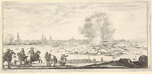 Plate 11: an attack on a city, horsemen in foreground, clouds of smoke and a cityscape in background, from 'Troops, cannons, and attacks on towns' (Dessins de quelques conduites de troupes, canons, et ataques de villes)