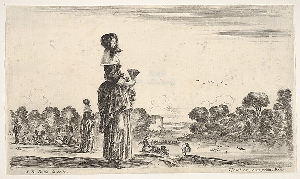 A lady standing in center holding a fan watching the bathers in the river to right, other ladies and men watching bathers to left in the background, from 'Various figures and lands' (Diverse figure e paesi)