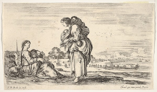 A woman seated to left holding a child, facing right in profile, conversing with a standing woman in center, carrying one child on her back and another in her arms, a church to left in background and boats to right in background, from 'Various figures and lands' (Diverse figure e paesi)