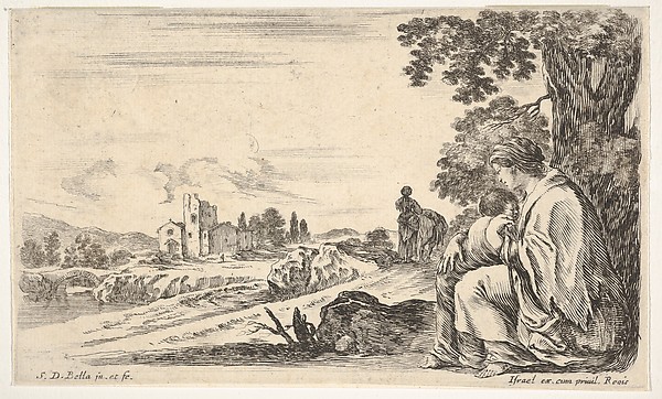 A peasant woman facing left in profile nurses a baby under a tree at right, a woman, seen from behind, walking next to a donkey in the middle ground, a church and bridge to left in background, from 'Various figures and lands' (Diverse figure e paesi)