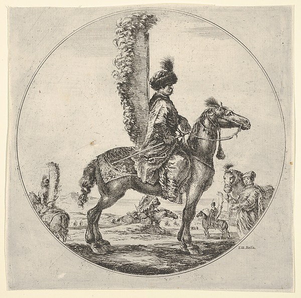 Polish hussar in profile facing right with wings attached to his back, a circular composition, from 'Figures on Horseback' (Cavaliers nègres, polonais et hongrois)