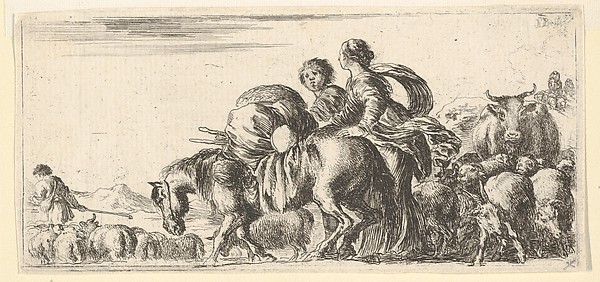 Journey of Jacob and Rachel to the land of Canaan, Rachel directs a horse towards the left, various other animals follow