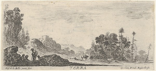 Earth, four figures in foreground to left, hills to left in the background, many trees to right in the background, a horseman in center in the background, from 'The four elements' (Les quatre Eléments)