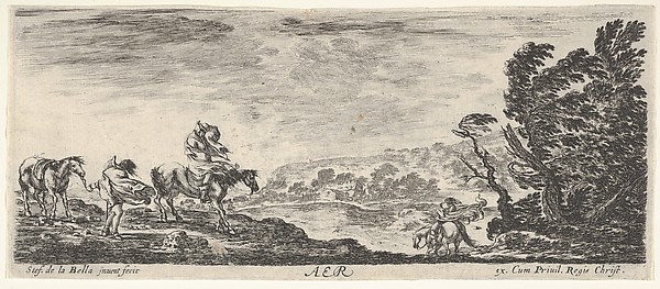 Air, a landscape during a hurricane, three horsemen battling the wind, a mass of trees to the right, from "The Four Elements" (Les Quatre Eléments) by Stefano della Bella, The Metropolitan Museum of Art