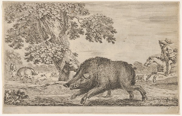 A wild boar running towards the left, a dog biting its ear behind to left, other dogs and horsemen in the background, from 'Hunts of various animals' (Chasses à différents animaux)