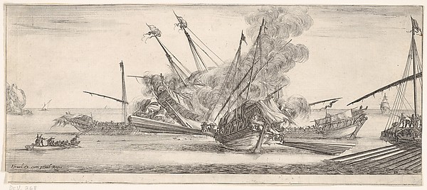 Naval combat, a ship at center, seen from behind, firing at four enemy ships, another ship entering from the right, a rowboat with nine people to left, from 'Peace and War' (Divers desseins tant pour la paix que pour la guerre)