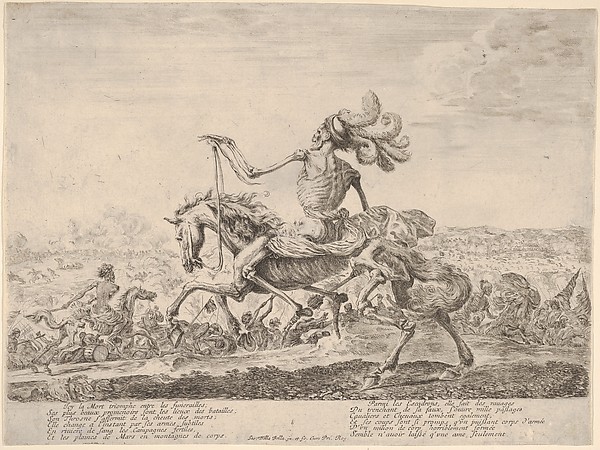 Death on a battlefield, atop a horse riding towards the left, wearing a hat with many feathers, other figures of Death battling to left and right in the background