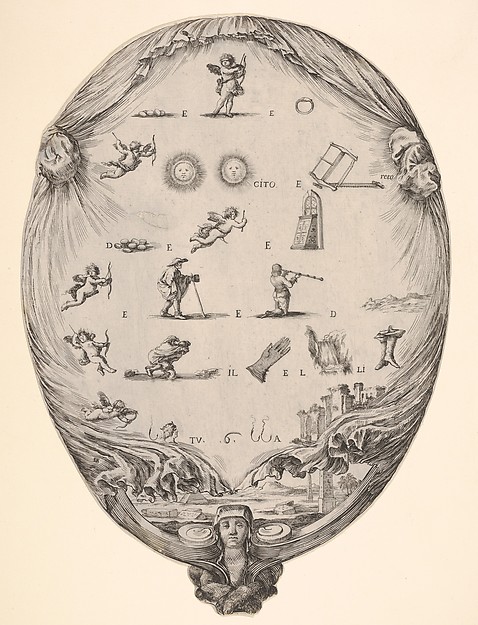 Rébus on the subject of love, a riddle depicted on drapery, below a landscape with a pyramid and two obelisks, a bust of a sphinx at bottom, an oval composition