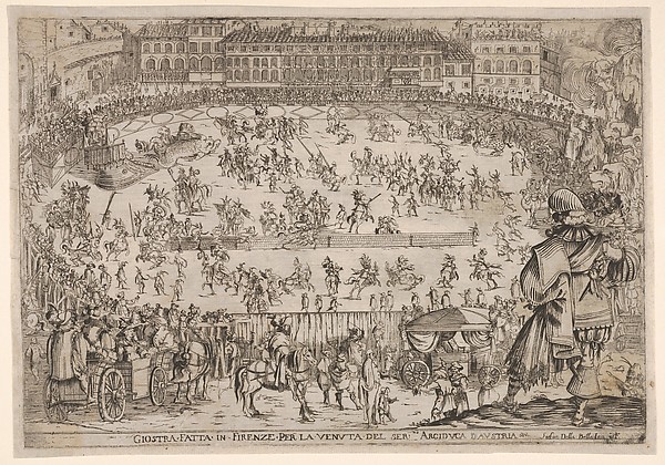 Joust held in Florence for the arrival of the archduke of Austria, an oval arena with many horsemen and pedestrians, spectators in carriages in the foreground, a row of houses at center in the background, from 'Combattimento e balletto a cavallo'