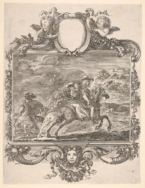 A horseman and a lady riding side saddle, galloping towards the right, another horseman follows, in an elaborate frame decorated with a mask of a young woman, cherubs, and fruit