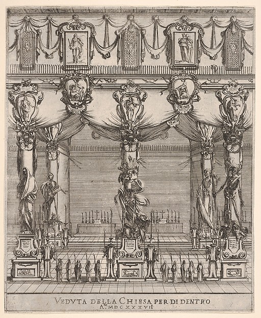 Interior of the church of San Lorenzo in Florence, five pillars, each with a large figure of death on a pedestal, ten hooded figures with staffs in foreground, two altars in the background, cartouches containing female figures above, from 'Ceremonies for the Funeral of Emperor Ferdinand II' (Funérailles de l'empereur Ferdinand II)