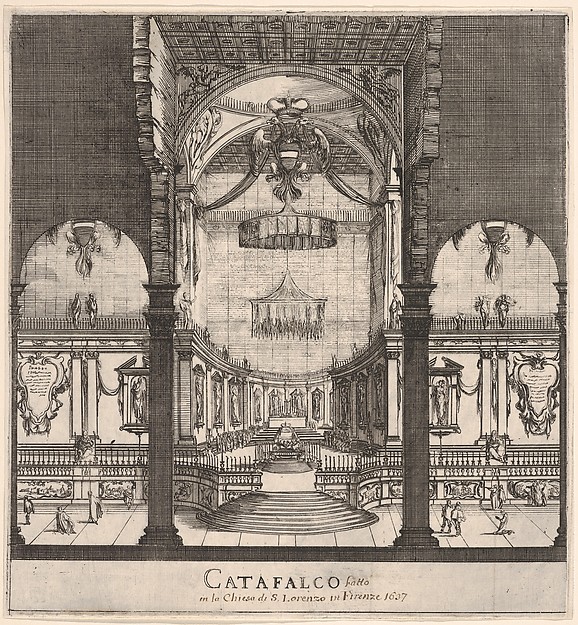 The tomb of Ferdinand II at center in the background within the choir of the church, three arches in center foreground, Austrian coat of arms hung in center arch, from "Ceremonies for the Funeral of Emperor Ferdinand II" (Funérailles de l'empereur Ferdinand II) by Stefano della Bella, The Metropolitan Museum of Art