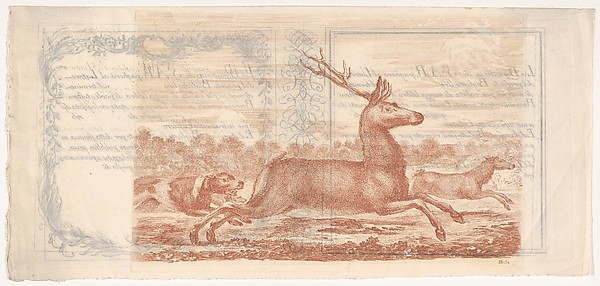 Stag and doe running towards the right, two dogs behind them to left, from "Hunts of various animals" (Chasses à différents animaux) by Stefano della Bella, The Metropolitan Museum of Art